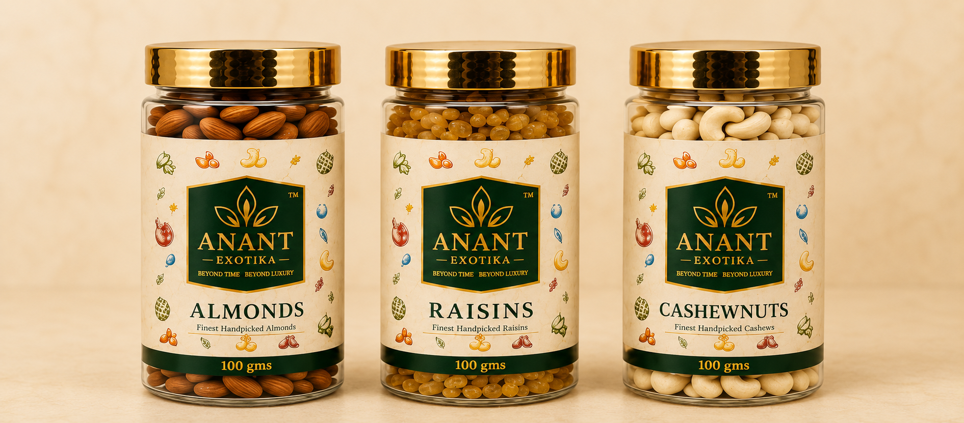 Anant Exotika jars — Almonds, Raisins, Cashewnuts